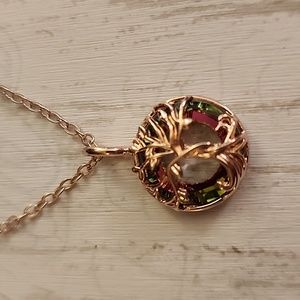 Tree Of Life Circle Irridescent necklace Rose Gold.